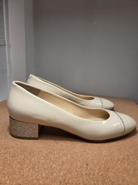 Nando Muzi Italian Patent Block Heel Pumps with Glitter Heel, Beige, Size 39